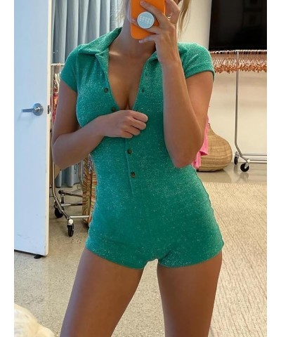 Playsuit for Women Short Sleeve Jumpsuit Ribbed Knit Bodycon Y2k Romper Sexy V Neck Button Shorts Bodysuit Overall Sparkly Gr...