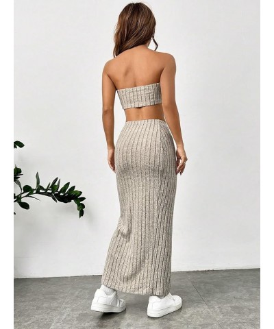 Women's 2 Piece Outfits Rib Knit Strapless Crop Tube Top and Split Long Skirt Set Apricot $15.95 Suits