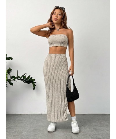 Women's 2 Piece Outfits Rib Knit Strapless Crop Tube Top and Split Long Skirt Set Apricot $15.95 Suits