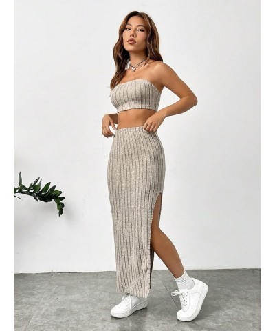 Women's 2 Piece Outfits Rib Knit Strapless Crop Tube Top and Split Long Skirt Set Apricot $15.95 Suits