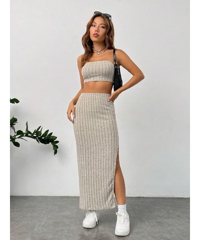 Women's 2 Piece Outfits Rib Knit Strapless Crop Tube Top and Split Long Skirt Set Apricot $15.95 Suits