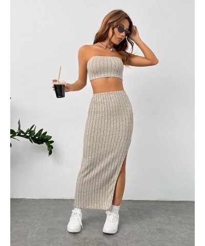 Women's 2 Piece Outfits Rib Knit Strapless Crop Tube Top and Split Long Skirt Set Apricot $15.95 Suits