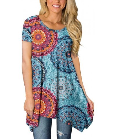 Womens Summer Short Sleeve Irregular Hem Loose Tunic Tops Flowy Blouses Shirt Fl Mixed Blue $17.99 Tops