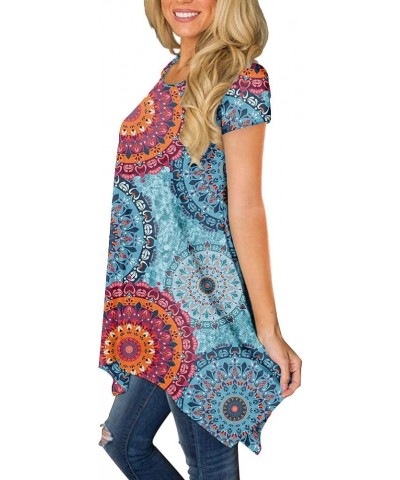 Womens Summer Short Sleeve Irregular Hem Loose Tunic Tops Flowy Blouses Shirt Fl Mixed Blue $17.99 Tops