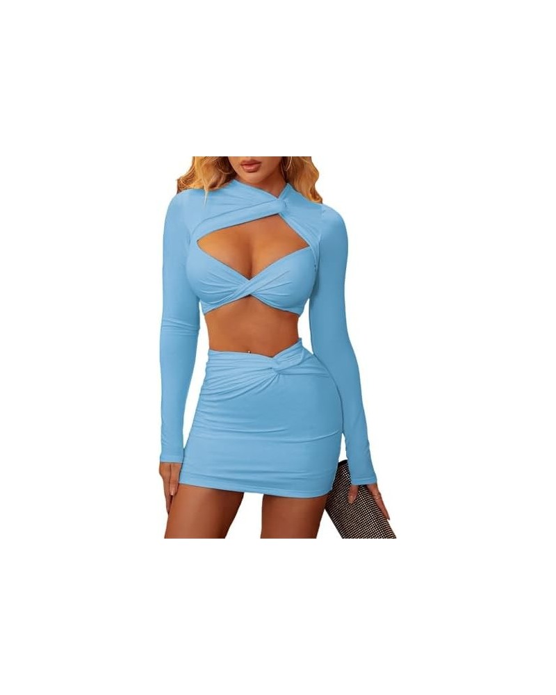 Women’s 2 Pieces Skirt Long Sleeve Crop Top Cut Out Twist Front Outfits Bodycon Dress for Party Club Nightout Blue $24.18 Suits