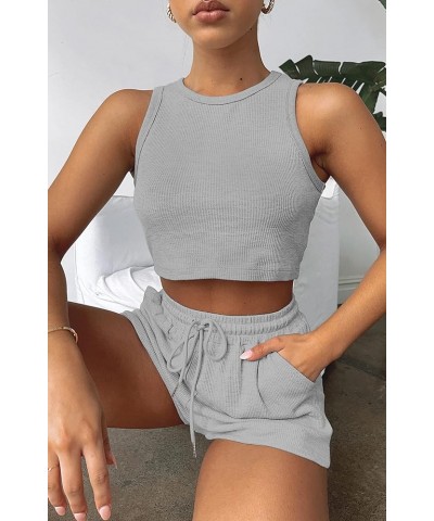 2 Piece Women Lounge Sets - Sleeveless Crop Top and Shorts Waffle Lounge Set Tracksuits Sweatsuits for Women 3 Piece Light Gr...
