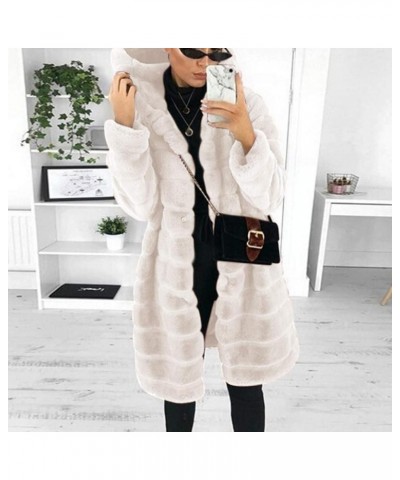 Women's Faux Fur Coat Hooded Warm Winter Outerwear Plus Size Solid Color Shaggy Fleece Long Cardigan with Pocket Beige $15.17...