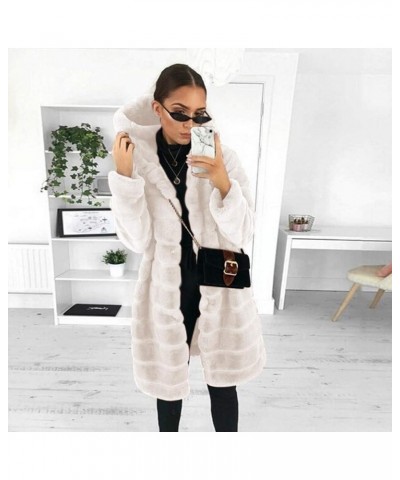 Women's Faux Fur Coat Hooded Warm Winter Outerwear Plus Size Solid Color Shaggy Fleece Long Cardigan with Pocket Beige $15.17...