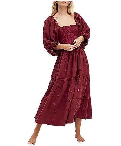 Boho Floral Puff Sleeve Dresses for Women 2024 Y2k Embroidered Flowy Smocked Maxi Dress Square Neck Beach Sundress Rust Red $...