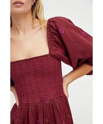 Boho Floral Puff Sleeve Dresses for Women 2024 Y2k Embroidered Flowy Smocked Maxi Dress Square Neck Beach Sundress Rust Red $...