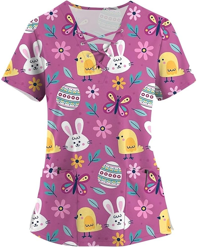 Short Sleeve Tops Women's Shirt Easter Printed Blouse Trendy Tunic V-Neck Pocket Loose Tee Trendy Shirt 5-purple $10.55 T-Shirts