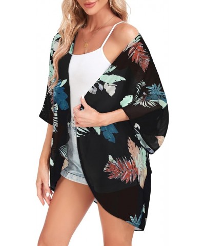 Women Kimono Cardigans Casual Summer Tops Cover up Open Front Floral Print Resort Wear Orange and Green Leaf $10.07 Swimsuits