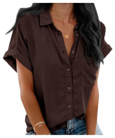 Womens V Neck Button Down Shirt Loose Casual Summer Short Sleeve Top Blouses with Pockets Coffee $15.59 Blouses