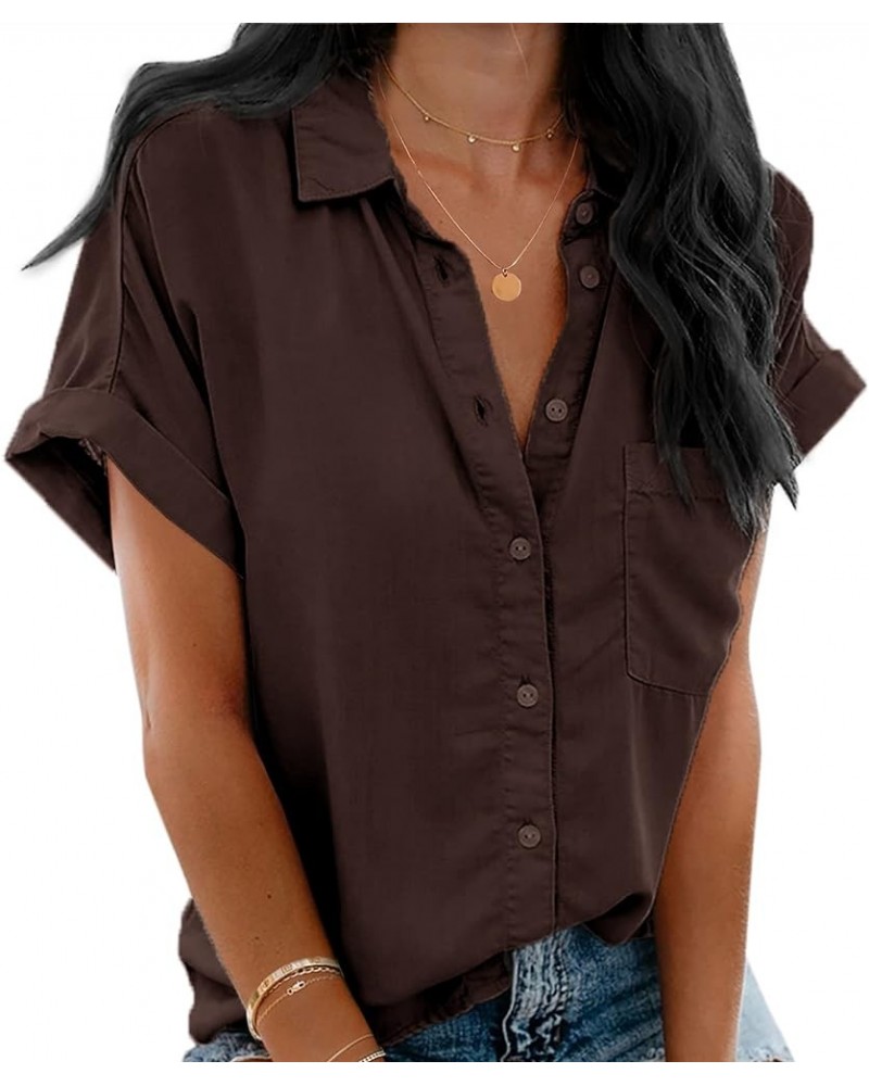 Womens V Neck Button Down Shirt Loose Casual Summer Short Sleeve Top Blouses with Pockets Coffee $15.59 Blouses