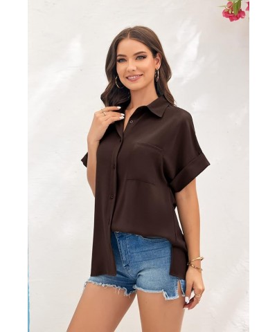 Womens V Neck Button Down Shirt Loose Casual Summer Short Sleeve Top Blouses with Pockets Coffee $15.59 Blouses