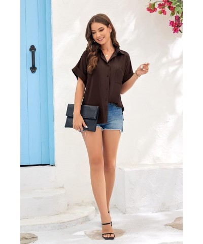 Womens V Neck Button Down Shirt Loose Casual Summer Short Sleeve Top Blouses with Pockets Coffee $15.59 Blouses