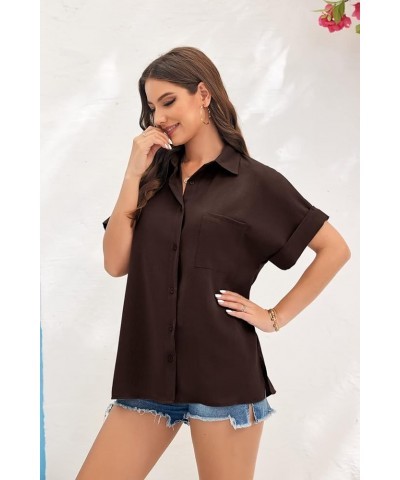 Womens V Neck Button Down Shirt Loose Casual Summer Short Sleeve Top Blouses with Pockets Coffee $15.59 Blouses