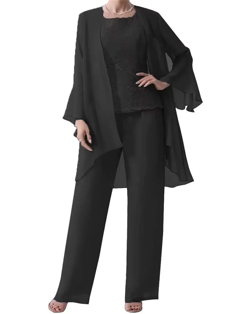 Long Sleeves Mother of The Bride Pant Suits for Wedding with Jacket 3 PCs Chiffon Lace Appliques Formal Pant Suits for Women ...