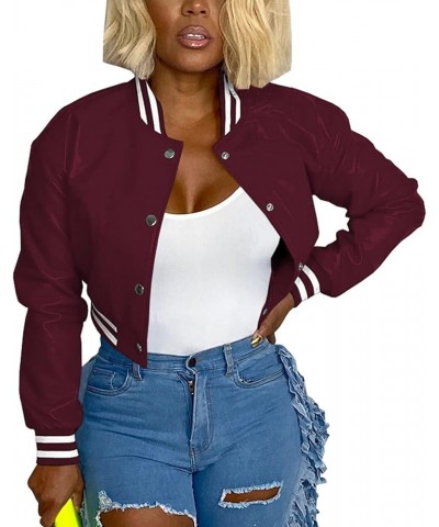 Varsity Jacket Women Crop Bomber Jacket Button Down Faux Leather Baseball Coat Casual Stripe Wite Side Pockets Wine Red $23.9...