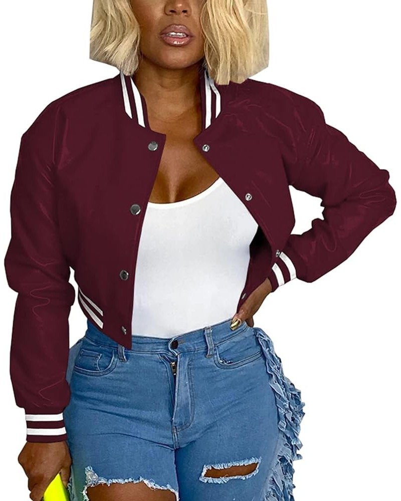 Varsity Jacket Women Crop Bomber Jacket Button Down Faux Leather Baseball Coat Casual Stripe Wite Side Pockets Wine Red $23.9...