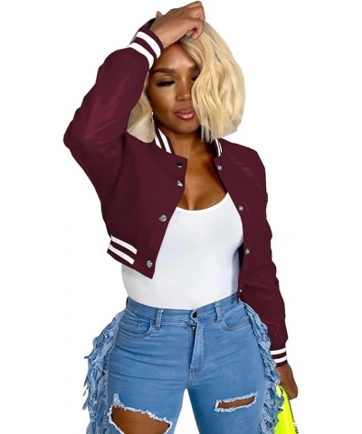 Varsity Jacket Women Crop Bomber Jacket Button Down Faux Leather Baseball Coat Casual Stripe Wite Side Pockets Wine Red $23.9...