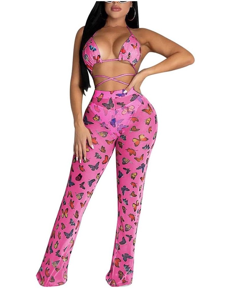 Women's Sexy 2 Pieces Outfit See Through Crop Top and Pants Sets Mesh Cover Up Backless Jumpsuits Clubwear Rose Butterfly $16...