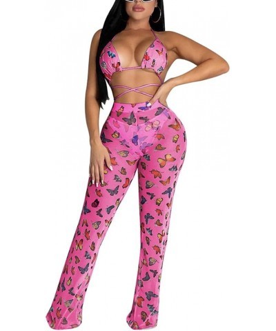 Women's Sexy 2 Pieces Outfit See Through Crop Top and Pants Sets Mesh Cover Up Backless Jumpsuits Clubwear Rose Butterfly $16...