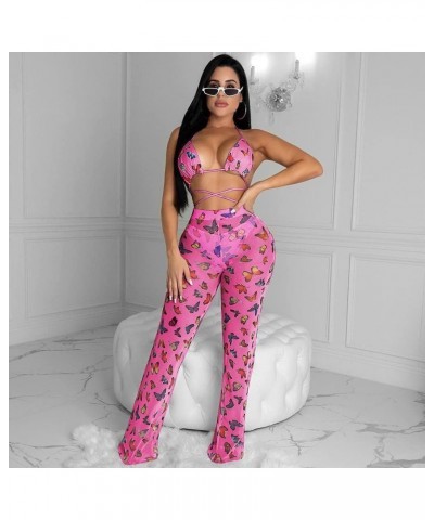 Women's Sexy 2 Pieces Outfit See Through Crop Top and Pants Sets Mesh Cover Up Backless Jumpsuits Clubwear Rose Butterfly $16...