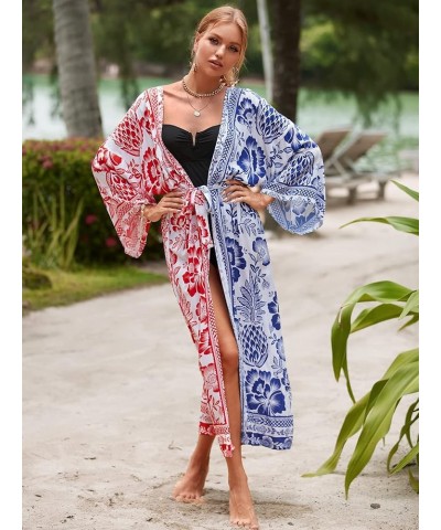 Geometric print cardigans for women kimono long sleeve color block pool cover up holiday cardigans oversized kimonos Redblue8...