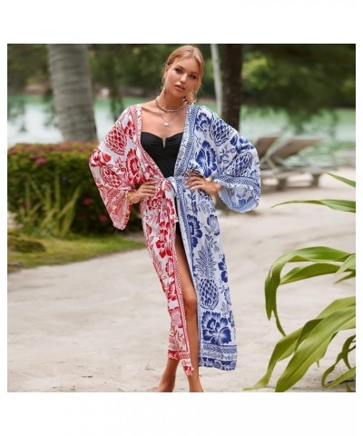 Geometric print cardigans for women kimono long sleeve color block pool cover up holiday cardigans oversized kimonos Redblue8...