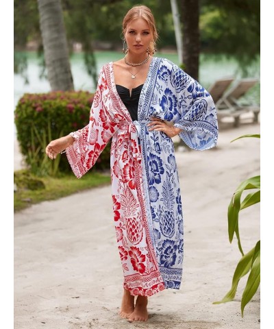 Geometric print cardigans for women kimono long sleeve color block pool cover up holiday cardigans oversized kimonos Redblue8...