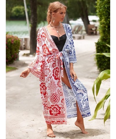 Geometric print cardigans for women kimono long sleeve color block pool cover up holiday cardigans oversized kimonos Redblue8...