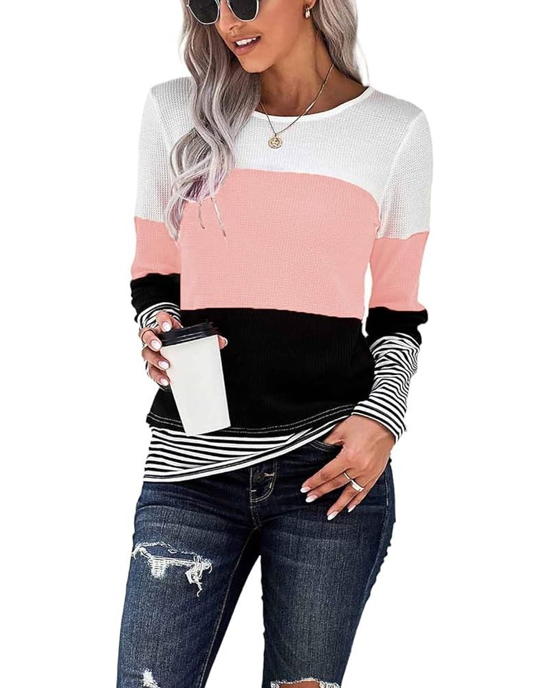 Womens Color Block Striped Tops Long Sleeve Shirts Crewneck Sweaters 001-pink $16.00 Tops