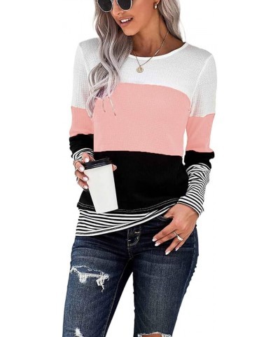 Womens Color Block Striped Tops Long Sleeve Shirts Crewneck Sweaters 001-pink $16.00 Tops