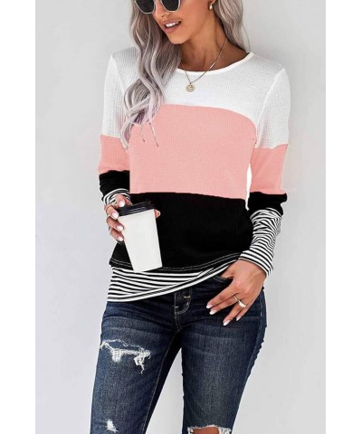 Womens Color Block Striped Tops Long Sleeve Shirts Crewneck Sweaters 001-pink $16.00 Tops