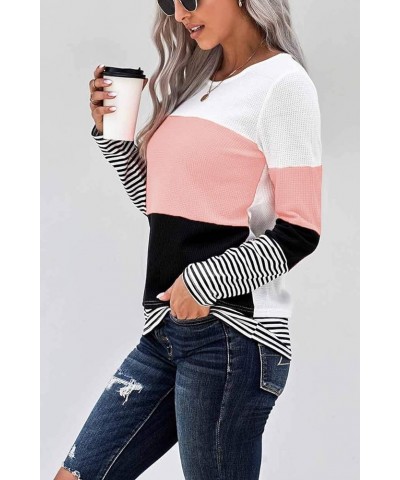 Womens Color Block Striped Tops Long Sleeve Shirts Crewneck Sweaters 001-pink $16.00 Tops