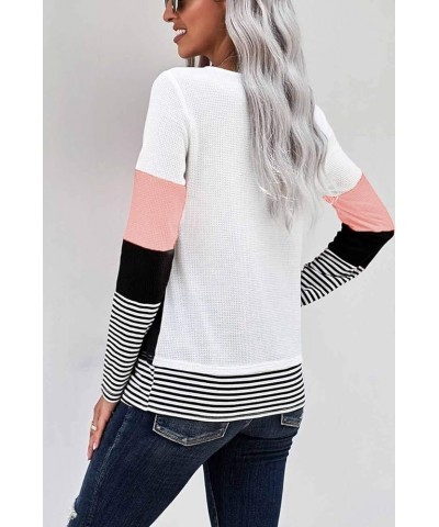 Womens Color Block Striped Tops Long Sleeve Shirts Crewneck Sweaters 001-pink $16.00 Tops