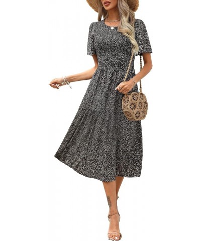 Womens Casual Summer Short Sleeve Dress Smocked Floral Modest A Line Solid Boho Tiered Midi Dress with Pockets Black Pink $18...