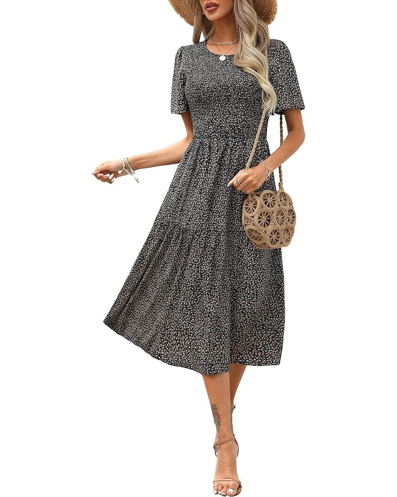 Womens Casual Summer Short Sleeve Dress Smocked Floral Modest A Line Solid Boho Tiered Midi Dress with Pockets Black Pink $18...