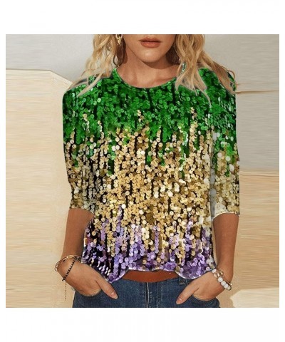 Mardi Gras Outfit Women's Carnival Glitter Print 3/4 Sleeve Crew Neck Top Trendy Tops for Women 2024 Z2-yellow $8.28 Activewear