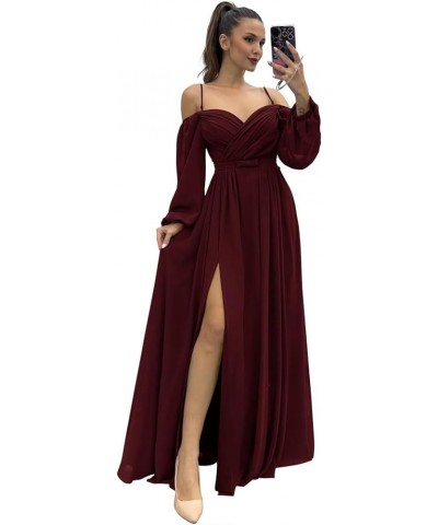 Women's Off The Shoulder Long Sleeve Chiffon Bridesmaid Dresses Long Slit Spaghetti Strap Formal Party Dress Burgundy Deep $3...