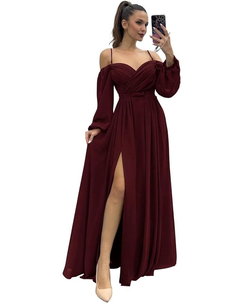 Women's Off The Shoulder Long Sleeve Chiffon Bridesmaid Dresses Long Slit Spaghetti Strap Formal Party Dress Burgundy Deep $3...