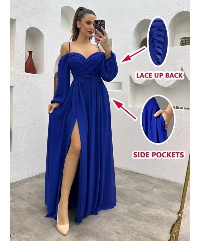 Women's Off The Shoulder Long Sleeve Chiffon Bridesmaid Dresses Long Slit Spaghetti Strap Formal Party Dress Burgundy Deep $3...