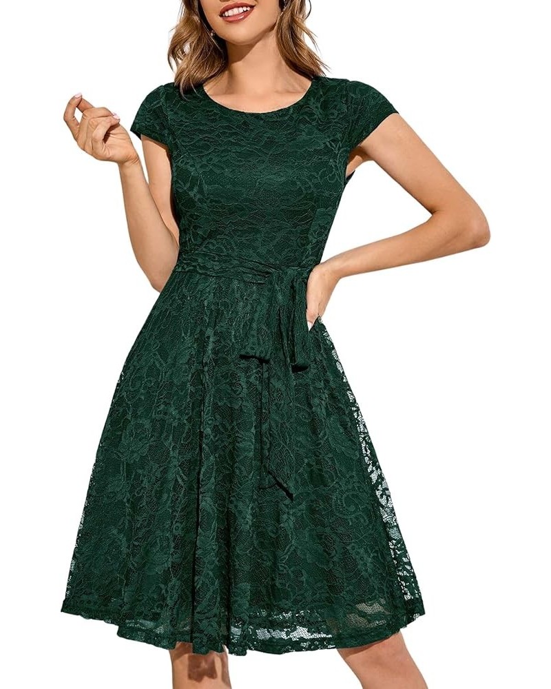 Women Cap-Sleeve Lace Floral Elegant Cocktail Dress Crew Neck Knee Length Bridesmaid Prom Dresses for Party Round Neck-darkgr...