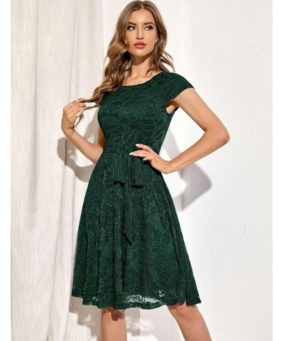 Women Cap-Sleeve Lace Floral Elegant Cocktail Dress Crew Neck Knee Length Bridesmaid Prom Dresses for Party Round Neck-darkgr...