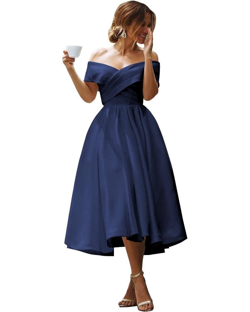 Women's Off Shoulder Prom Dresses Backless Ruched Satin Formal Evening Ball Gowns Wedding Party Dress with Pockets Navy Blue ...