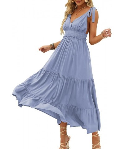 Women's Summer V Neck Tie Strap Maxi Dress Halter Ruffle Hem Long Dresses Spaghetti Strap Long Flowy Dresses 4-sky Blue $19.2...