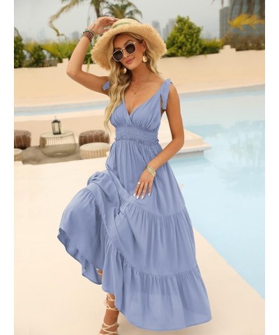 Women's Summer V Neck Tie Strap Maxi Dress Halter Ruffle Hem Long Dresses Spaghetti Strap Long Flowy Dresses 4-sky Blue $19.2...