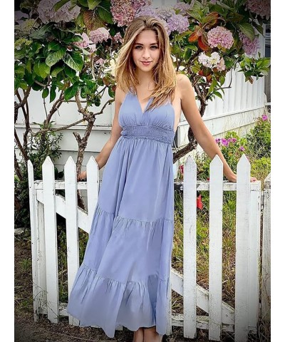 Women's Summer V Neck Tie Strap Maxi Dress Halter Ruffle Hem Long Dresses Spaghetti Strap Long Flowy Dresses 4-sky Blue $19.2...