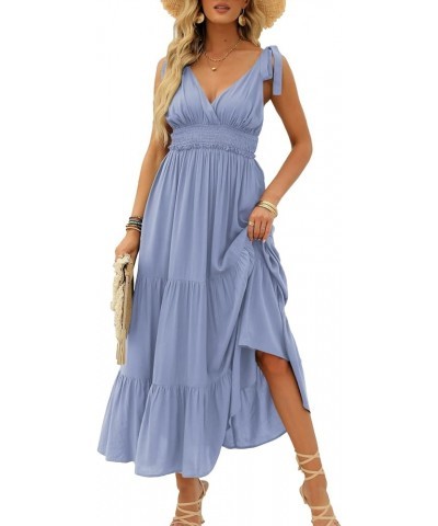 Women's Summer V Neck Tie Strap Maxi Dress Halter Ruffle Hem Long Dresses Spaghetti Strap Long Flowy Dresses 4-sky Blue $19.2...